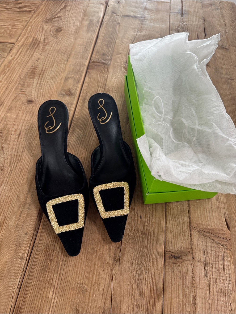 Black Slip-On Pointed Mules with Gold Buckle